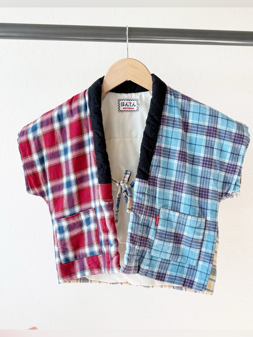 Mikihouse girls plaid Colorblock tie front vest/cardigan